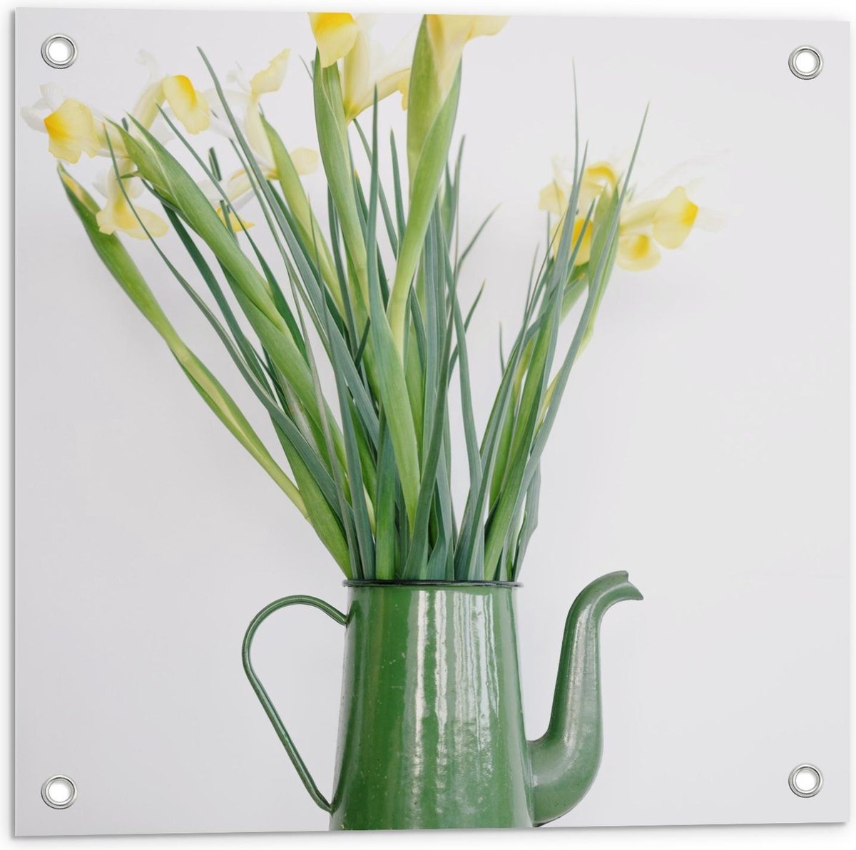 Tuinposter – Groene Gieter met Bloemetjes - 50x50cm Foto op Tuinposter (wanddecoratie voor