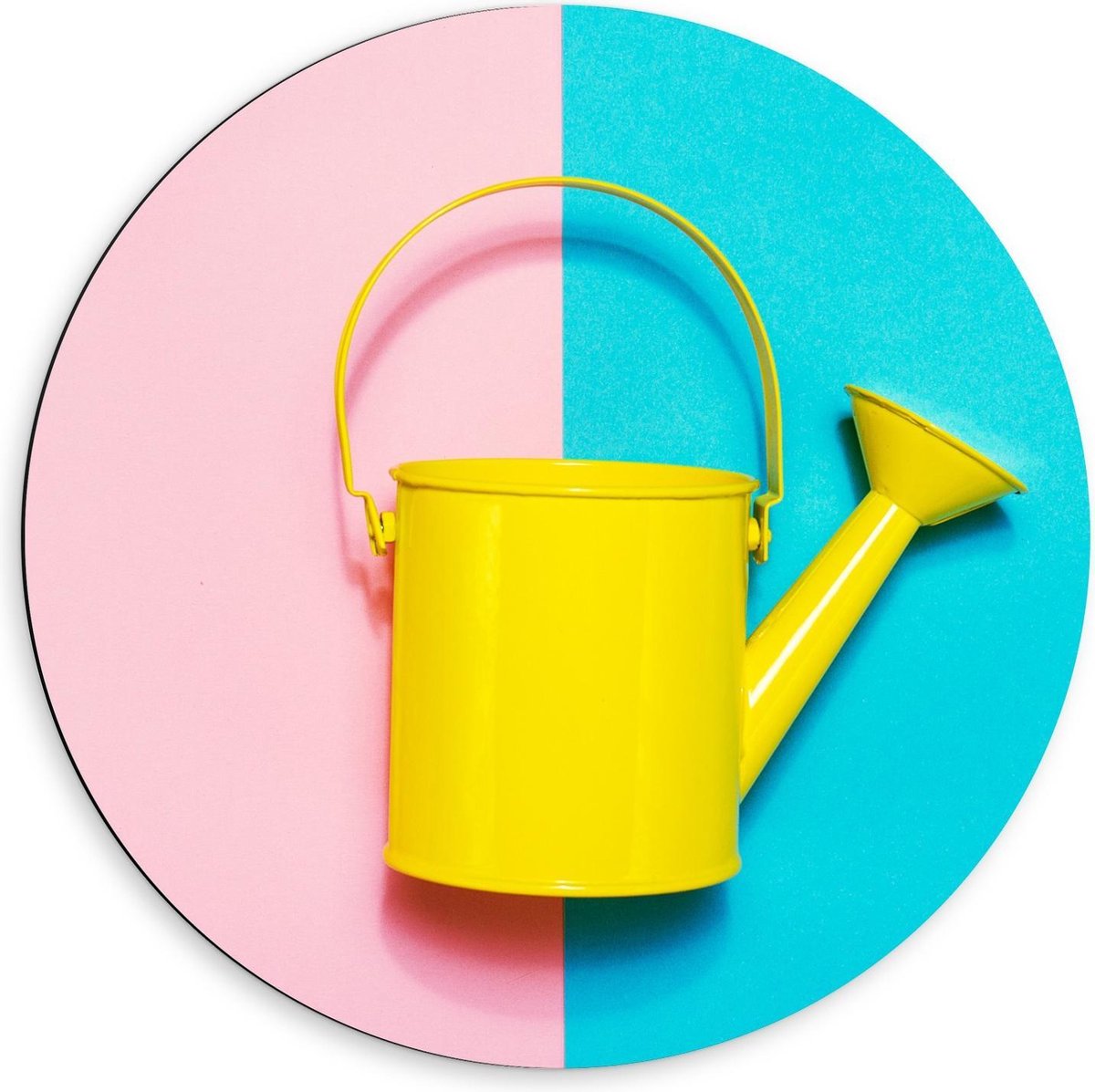 Dibond Wandcirkel - Gele Gieter op Blauw/Roze Vakken - 60x60cm Foto op Aluminium Wandcirke