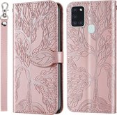 Voor Samsung Galaxy A21s Life of Tree Embossing Pattern Horizontale Flip Leather Case met houder & kaartsleuf & portemonnee & fotolijst & Lanyard (Rose Gold)