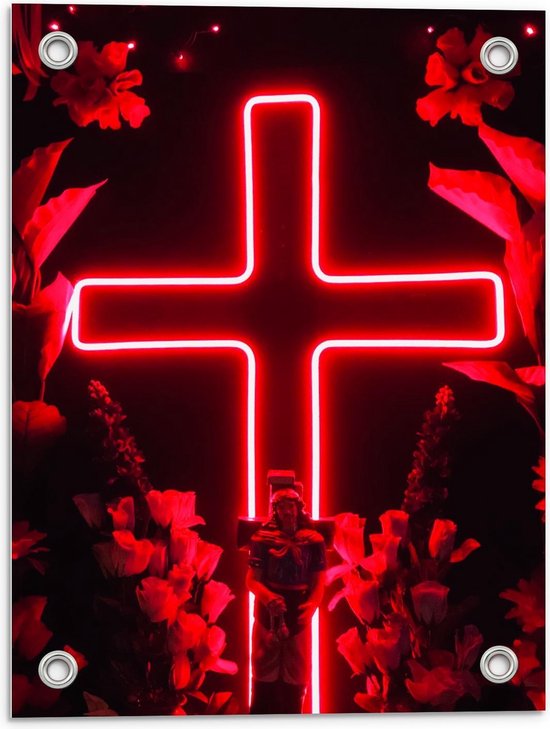 Tuinposter – Rood Verlicht Kruis - 30x40cm Foto op Tuinposter  (wanddecoratie voor buiten en binnen)