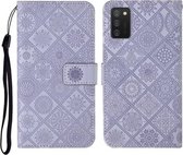 Voor Samsung Galaxy A02s etnische stijl reliëf patroon horizontale flip lederen tas met houder & kaartsleuven & portemonnee & lanyard (paars)