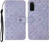 Voor Samsung Galaxy S20 etnische stijl reliëf patroon horizontale flip lederen tas met houder & kaartsleuven & portemonnee & lanyard (paars)