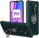 Voor Xiaomi Redmi 9 Prime koolstofvezel beschermhoes met 360 graden roterende ringhouder (groen)