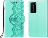 Voor Huawei P40 Pro Flower Vine Embossing Pattern Horizontale Flip Leather Case met Card Slot & Holder & Wallet & Lanyard (Green)