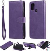 Voor Samsung Galaxy A21s 2 in 1 effen kleur afneembare PU lederen tas met kaartsleuven & magnetische houder & fotolijst & portemonnee & riem (paars)