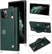 Voor iPhone 11 Pro Max polsband PU + TPU schokbestendige beschermhoes met crossbody lanyard & houder & kaartsleuf (groen)