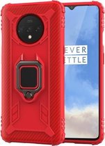 Voor OnePlus 7T koolstofvezel beschermhoes met 360 graden roterende ringhouder (rood)