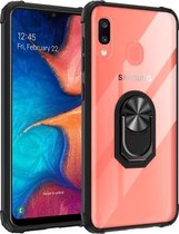 Voor Galaxy A20 schokbestendig transparant TPU + acryl hoesje met ringhouder (zwart)