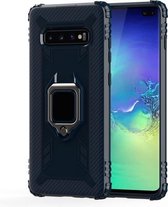 Voor Galaxy S10 koolstofvezel beschermhoes met 360 graden roterende ringhouder (blauw)