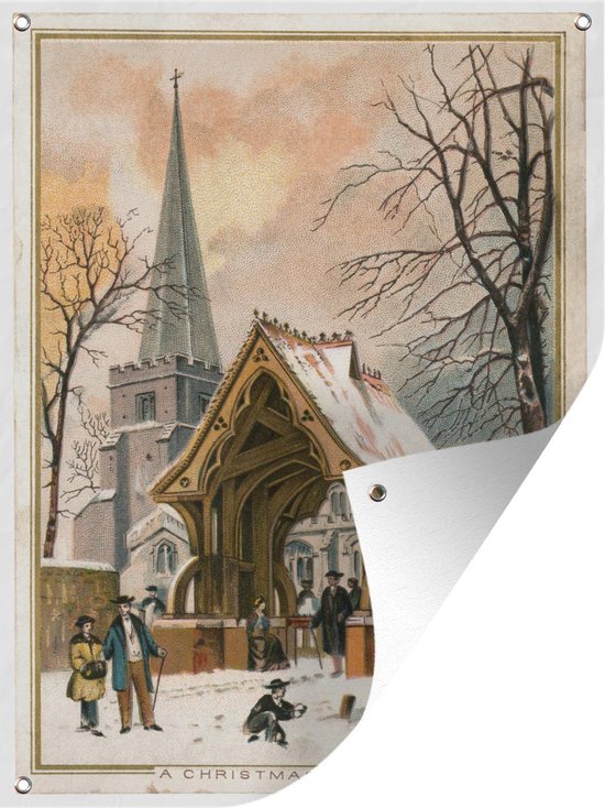 Tuinschilderij Kerst - Winter - Retro - 60x80 cm - Tuinposter - Tuindoek - Buitenposter