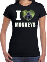 I love monkeys t-shirt met dieren foto van een Gorilla aap zwart voor dames - cadeau shirt apen liefhebber 2XL