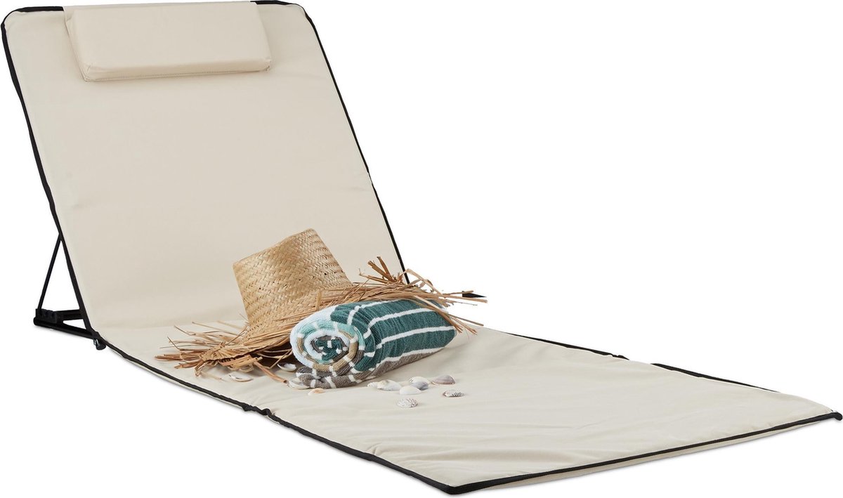 Relaxdays strandmat xxl met kussen - gepolsterde strandstoel - opvouwbaar - draagtas - beige
