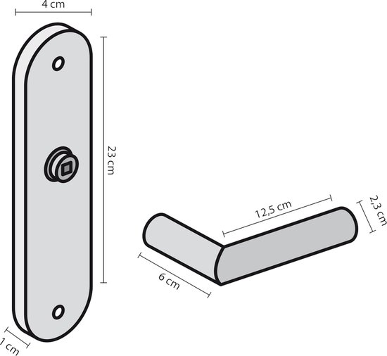 Technische tekening: rozet 23x4 cm en deurkruk 12,5 cm lang.