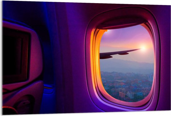 Acrylglas - Vliegtuigraam met Mooie Zonsondergang - 120x80cm Foto op Acrylglas (Met Ophangsysteem)