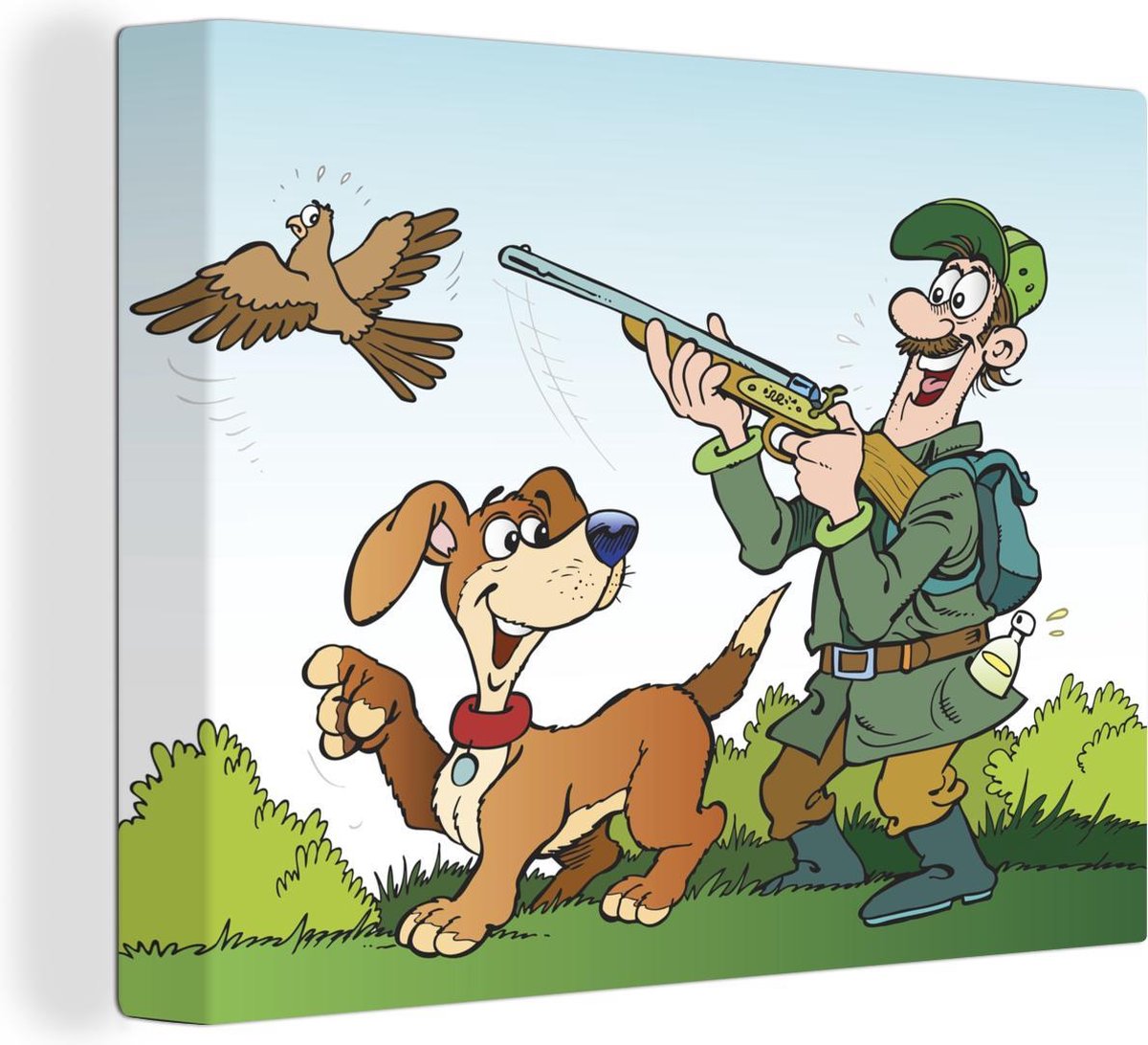 Une illustration de bande dessinée d'un chasseur avec son chien de chasse  toile 80x60... | bol.com