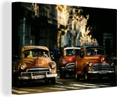 Canvas Schilderij Cuba - Cadillacs - Oldtimers - Klassieke auto's in ochtendlicht - 30x20 cm - Wanddecoratie