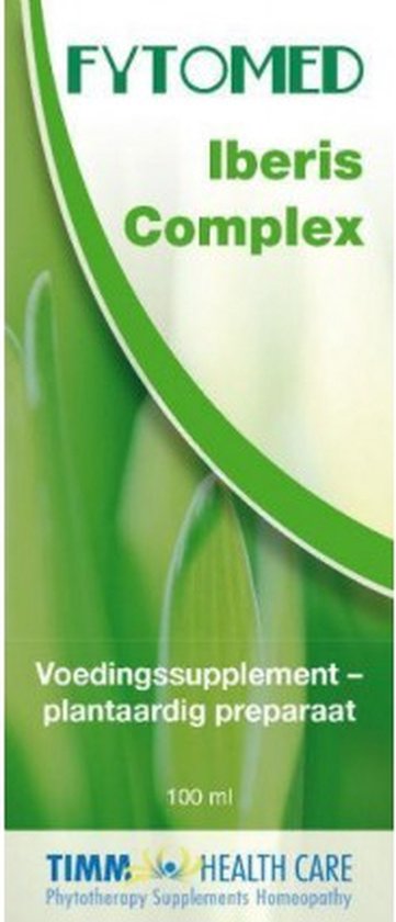 Doos FYTOMED Iberis Complex 100ml. Groene bladeren op de voorgrond, tekst "Voedingssupplement - plantaardig preparaat".
