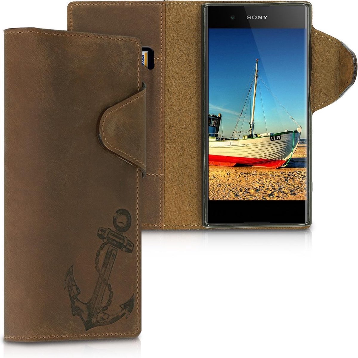 kalibri hoesje voor Sony Xperia XA1 Plus - leren hoes met pasjeshouder - Vintage Anker design - bruin