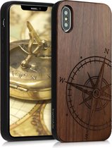 kwmobile telefoonhoesje compatibel met Apple iPhone XS - Hoesje met bumper in donkerbruin - walnoothout - Vintage Kompas design