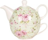 Clayre & Eef Tea for One 400 ml / 250 ml Meerkleurig Porselein Rond Bloemen Theepot set Theeset Theepot met Kopje