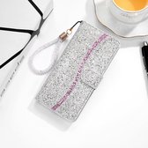 Voor Samsung Galaxy S10 glitterpoeder horizontale flip lederen tas met kaartsleuven en houder en draagkoord (zilver)