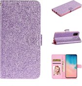 Voor Samsung Galaxy A71 Glitterpoeder Horizontaal Flip Leren Hoesje met Kaartsleuven & Houder & Fotolijst & Portemonnee (Paars)