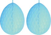 2x stuks hangdecoratie honeycomb paaseieren pastel blauw van papier 30 cm - Brandvertragend - Paas/pasen thema decoraties/versieringen