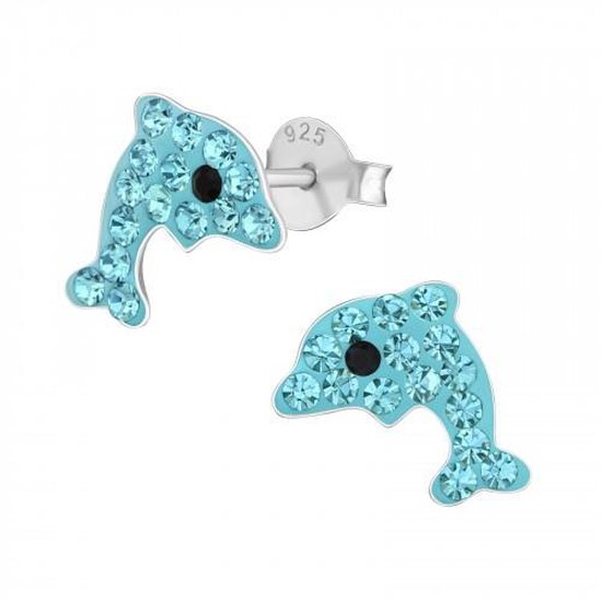 Oorbellen meisje | Zilveren kinderoorbellen | Zilveren oorstekers, dolfijn met aqua kristallen