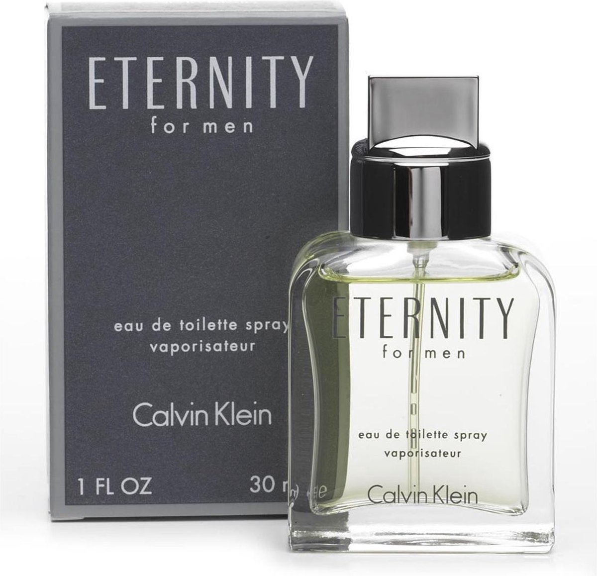 Eternity for Men Eau de Toilette Calvin Klein in een rechthoekige glazen flacon met zilverkleurige dop.