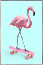 JUNIQE - Poster met kunststof lijst Skate Flamingo -13x18 /Blauw &
