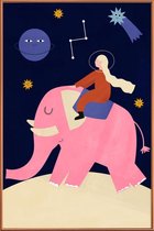 JUNIQE - Poster met kunststof lijst Elephant Ride -30x45 /Blauw & Roze