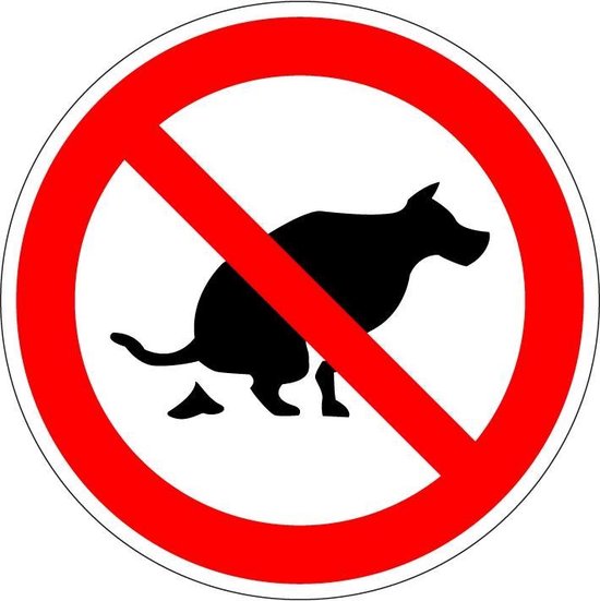 Verboden hondenpoep bord: rode cirkel met schuine streep over zwarte silhouet van hond die poept.