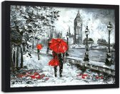 Foto in frame , Mensen in de regen , Londen ,120x80cm , Zwart wit rood , wanddecoratie