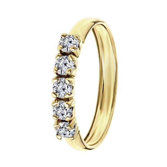 Lucardi Dames Ring met 5 zirkonia stenen - Ring - Cadeau - 9 Karaat - Geelgoud
