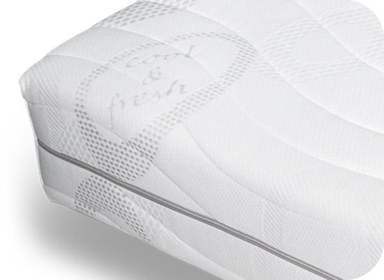 Witte matrashoes met "Cool & Fresh" tekst, cirkelvormig patroon en grijze bies.