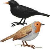 Decoratie vogels/muurvogels Roodborstje en Merel voor in de tuin 38 cm - Tuinvogels dierenbeelden