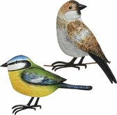 Decoratie vogels/muurvogels Huismus en pimpelmees voor in de tuin 38 cm - Tuinvogels dierenbeelden