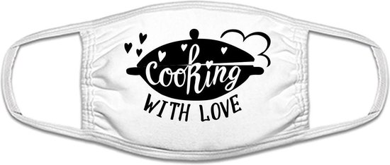 Cooking with love mondkapje | restaurant | kok | koken | keuken | grappig | gezichtsmasker | bescherming | bedrukt | logo | Wit mondmasker van katoen, uitwasbaar & herbruikbaar. Geschikt voor OV