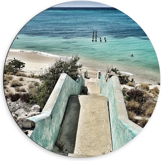 Dibond Wandcirkel - Trap naar het Strand - 60x60cm Foto op Aluminium Wandcirkel (met ophangsysteem)
