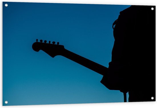 Tuinposter – Silhouet van Gitarist op Blauwe Achtergrond - 120x80cm Foto op Tuinposter  (wanddecoratie voor buiten en binnen)