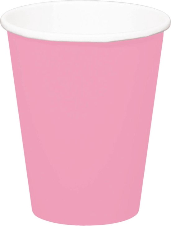 24x stuks drinkbekers van papier roze 350 ml - Uni kleuren thema voor verjaardag of feestje