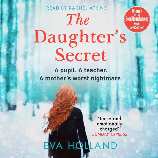 Boekomslag van 'The Daughter's Secret' met rode tekst op een besneeuwde bosachtergrond. Een vrouw met rood haar staat met de rug naar de kijker.