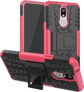 Schokbestendige pc + TPU-bandenpatroonbehuizing voor LG K40, met houder (roze)