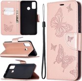 Voor Huawei Honor 9X Lite Twee Vlinders Embossing Patroon Horizontale Flip Leren Case met Houder & Kaartsleuf & Portemonnee & Lanyard (Rose Goud)