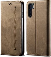 Voor OPPO A91 / F15 / Reno 3 denim textuur casual stijl horizontale flip lederen tas met houder en kaartsleuven en portemonnee (kaki)