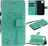 Voor Huawei Y5p Tree & Cat reliÃ«fpatroon Horizontale flip lederen tas met houder & kaartsleuven & portemonnee & lanyard (groen)