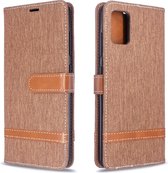 Voor Galaxy A51 Kleuraanpassing Denim Texture Horizontaal Flip PU lederen tas met houder & kaartsleuven & portemonnee & draagkoord (bruin)