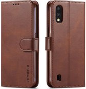 Voor Galaxy A01 LC.IMEEKE kalfsleer, horizontaal flip lederen tas, met houder en kaartsleuven en portemonnee en fotolijst (koffie)