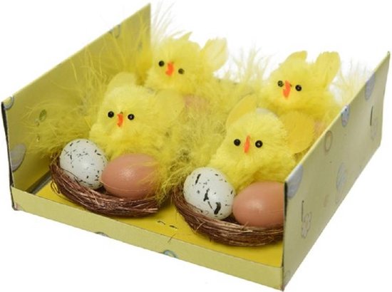 Kuikentjes - geel - mini - 4stuks - in nest met eitjes 5 cm - Paaskuikentjes - Paasdecoratie - Pasen versiering tafel