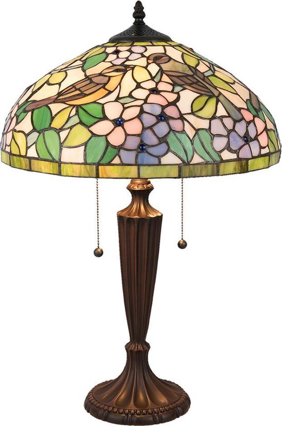 LumiLamp Tiffany Tafellamp Ø 41x60 cm Geel Groen Glas Driehoek Vogel Tiffany Bureaulamp